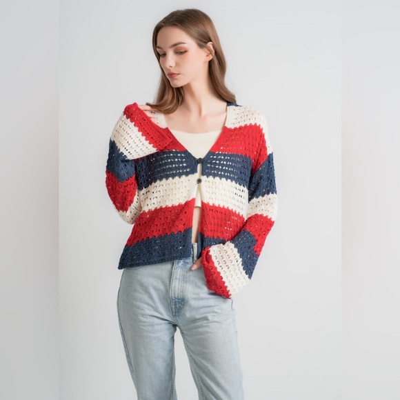 33 Degrees Americana Crochet Striped Cardigan Small Long Flare Sleeve V Neck - Picture 4 of 12